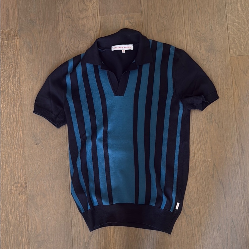 Orlebar Navy/ Blue Polo Shirt with Retro Stripes